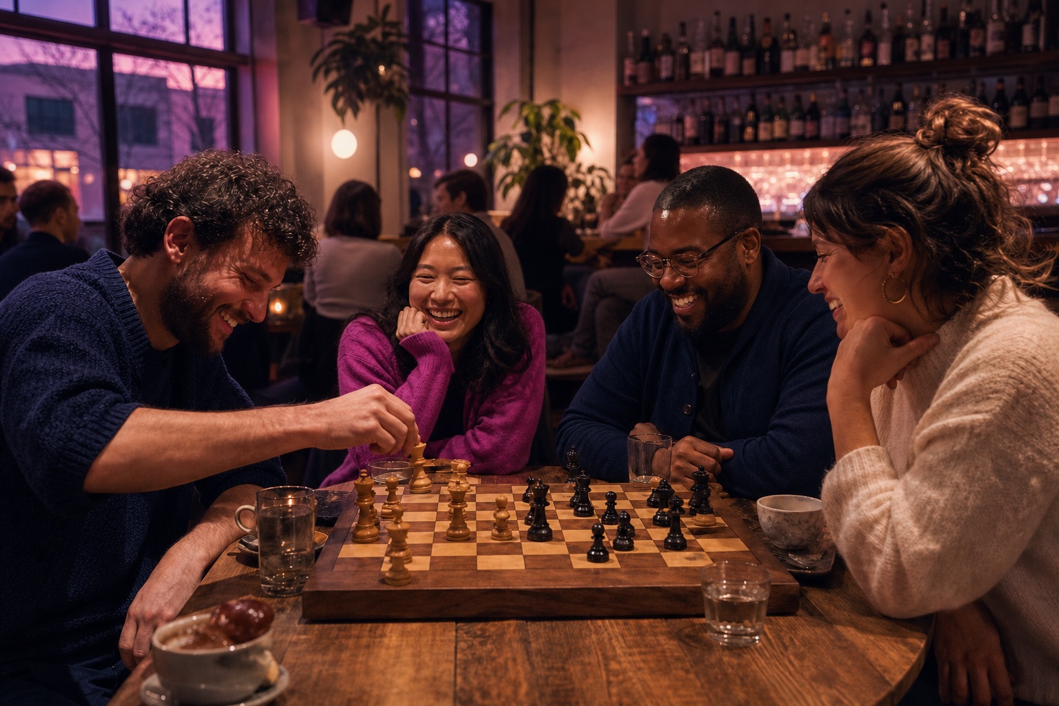Four players laughing over a chess game at a neighborhood bar